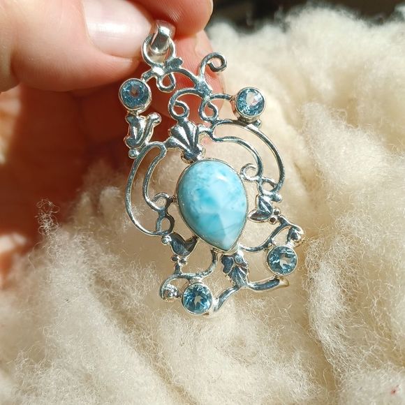 Lar y Mar stone with blue semiprecious stones likely topaz & 925… - Picture 7 of 7